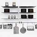 Organized Kitchenware Display With Plates Mugs On Black Shelves And Hanging Pans Chopping Board Baskets