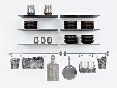 Organized Kitchenware Display With Plates Mugs On Black Shelves And Hanging Pans Chopping Board Baskets 3d model