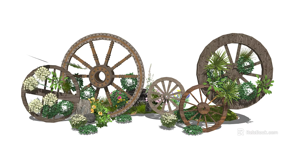 Rustic Garden Decor Featuring Wooden Wheels Surrounded by Colorful Flowers Green Plants and Small Shrubs 3d model 