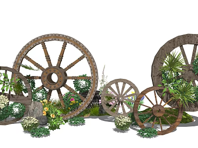 Rustic Garden Decor Featuring Wooden Wheels Surrounded by Colorful Flowers Green Plants and Small Shrubs 3d model