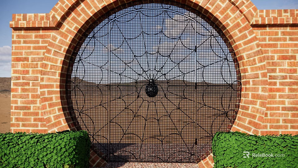 Black Wrought Iron Spider Web Design Gate With Red Brick Arch And Green Shrubs 3d model 