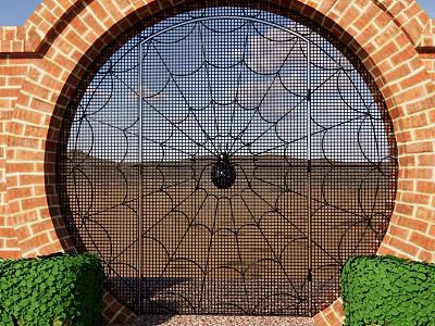 Black Wrought Iron Spider Web Design Gate With Red Brick Arch And Green Shrubs 3d model