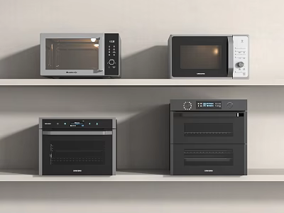 Modern Kitchen Appliances Including Microwave Ovens And Electric Ovens On Shelves 3d model