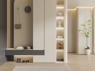 Elegant Modern Shoe Cabinet Storage With Display Shelves LED Lighting And Bench Seat 3d model