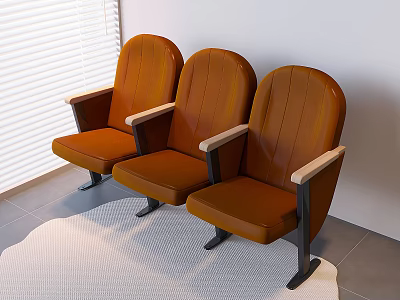 Orange Leather Public Chairs With Wooden Armrests And Metal Legs Near Window Blinds 3d model