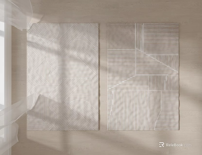 Stylish Square Rugs With Geometric Patterns And Stripes On Light Wooden Floor In Modern Room 3d model 