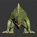 Game Movie Character Green Monster With Yellow Spikes Sharp Claws Open Mouth And Red Eyes
