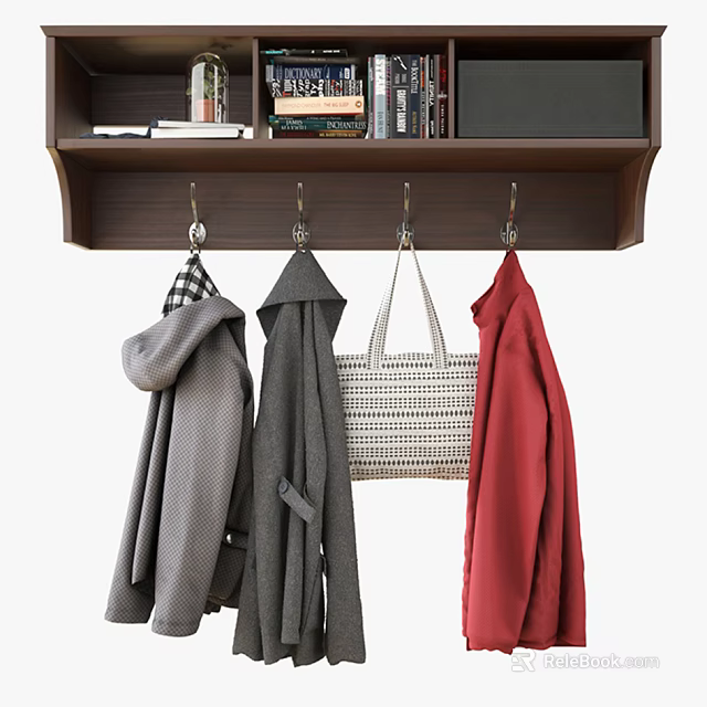 Stylish Wooden Shelf With Hooks Hanging Coats Jacket And Daily Bag 3d model 