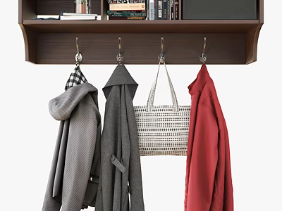 Stylish Wooden Shelf With Hooks Hanging Coats Jacket And Daily Bag 3d model