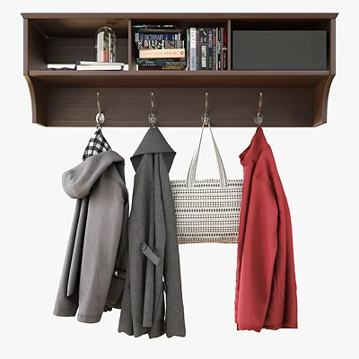 Stylish Wooden Shelf With Hooks Hanging Coats Jacket And Daily Bag 3d model
