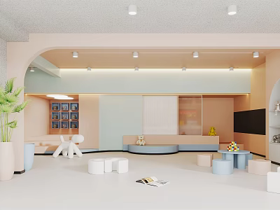 Bright Cheerful Kindergarten Interior With Colorful Play Corners Small Tables Toys And Green Plants 3d model