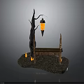 Wooden Bench With Tree Branch Structure And Hanging Lantern On Stone Ground With Flames