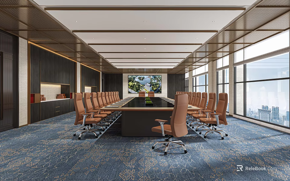 Conference Room Interior With Long Table Brown Chairs Large Screen Windows City View Blue Carpet 3d model 