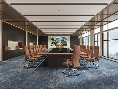 Conference Room Interior With Long Table Brown Chairs Large Screen Windows City View Blue Carpet 3d model