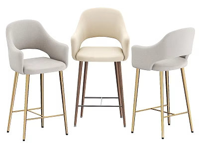 Modern Bar Stools in Light Gray and Beige with Metal Legs and Armrests 3d model