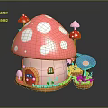 Cartoon Mushroom House Scene With Pink White Spots Red Door Small Window And Flowers