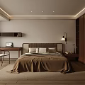 Modern Warm Bedroom Interior Design With Brown Headboard Bedspread Gray Blanket Desk And Wall Lamp