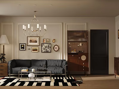 Classic Living Room Interior With Chandelier Decorative Paintings Sofa And Black White Rug 3d model