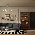 Classic Living Room Interior With Chandelier Decorative Paintings Sofa And Black White Rug