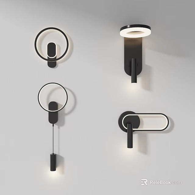 Modern Black Wall Lamps With Circular Rings And Linear Designs For Home Decor 3d model 