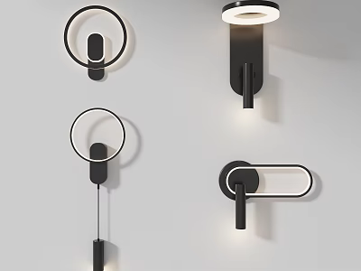 Modern Black Wall Lamps With Circular Rings And Linear Designs For Home Decor 3d model