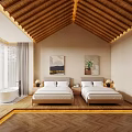 Cozy Hotel Guest Room With Four Poster Bed White Canopy Herringbone Floor And Wooden Roof