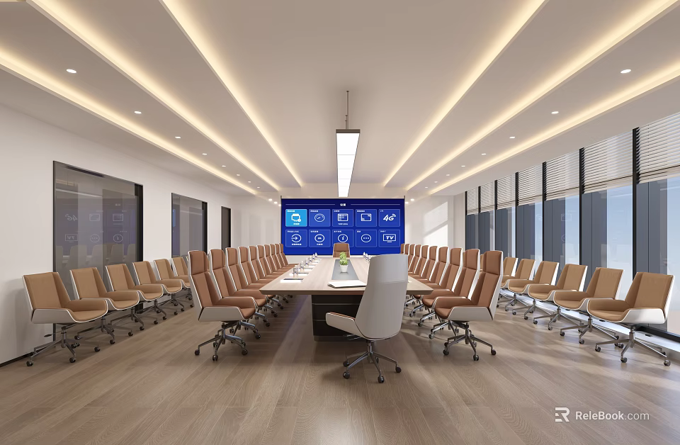 Modern Meeting Room With Long Table Large Screen Comfortable Chairs And Bright Lighting 3d model 