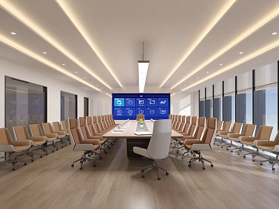 Modern Meeting Room With Long Table Large Screen Comfortable Chairs And Bright Lighting 3d model
