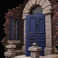 Blue Entrance Door With Arched Lintel Brick Wall Window Stone Steps And Stone Decorations
