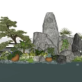 Garden Ornamental Display with Rock Formation Pine Tree Palm Plants Terracotta Pots and Pond Reflections