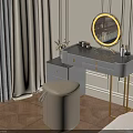 Elegant Modern Dressing Table With Round Mirror Gold Legs And Beige Stool 3d model