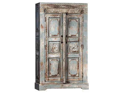 Vintage Style Decorative Cabinet With Distressed Finish And Carved Double Doors 3d model