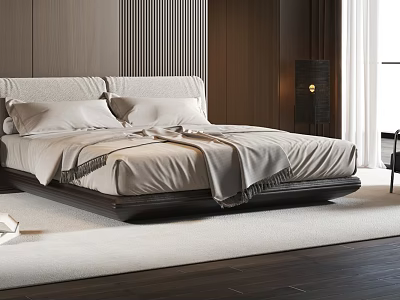 Modern Double Bed With Upholstered Headboard Beige Bedding Wooden Frame in Elegant Bedroom 3d model