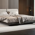 Modern Double Bed With Upholstered Headboard Beige Bedding Wooden Frame in Elegant Bedroom