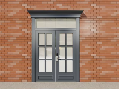 Home Exterior Dark Gray Double Casement Door With Glass Panes On Red Brick Wall 3d model