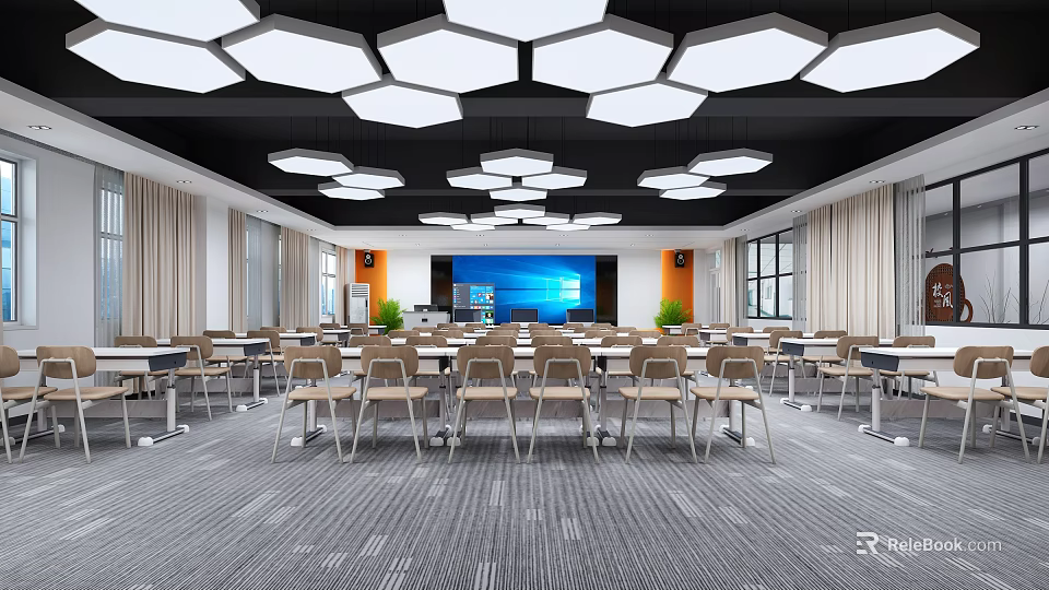Modern Conference Room Interior With Arranged Tables Chairs Large Screen And Geometric Lights 3d model 