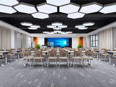 Modern Conference Room Interior With Arranged Tables Chairs Large Screen And Geometric Lights 3d model