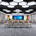Modern Conference Room Interior With Arranged Tables Chairs Large Screen And Geometric Lights