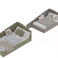 Kids Bed with Wavy Headboard Green and Gray Design Soft Pillows and Cozy Blanket