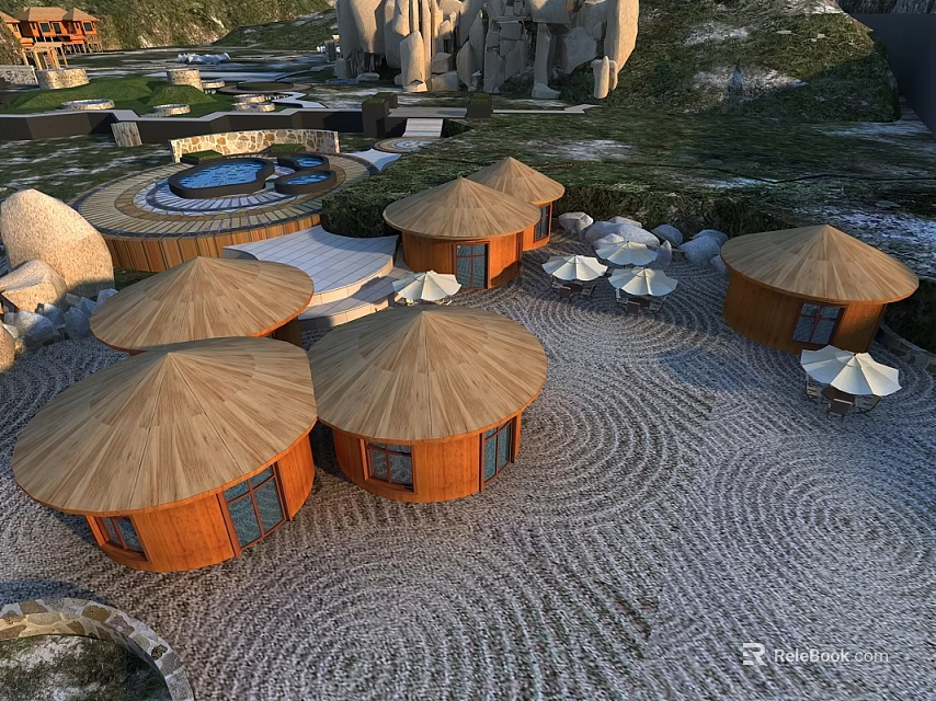 Wooden Dome-Shaped Huts in Stone-Paved Courtyard with Outdoor Hot Spring and Sunshades 3d model 