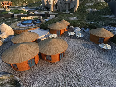 Wooden Dome-Shaped Huts in Stone-Paved Courtyard with Outdoor Hot Spring and Sunshades 3d model
