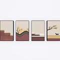 Traditional Chinese Four Panel Wall Art With Steps Tree Branch Snowy Roof And Cat