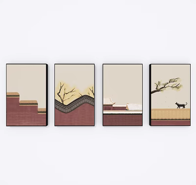 Traditional Chinese Four Panel Wall Art With Steps Tree Branch Snowy Roof And Cat 3d model