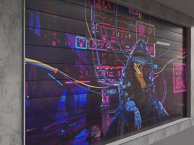 Futuristic Cyberpunk Background Wall With Neon Lights Mechanical Elements And Design 3d model