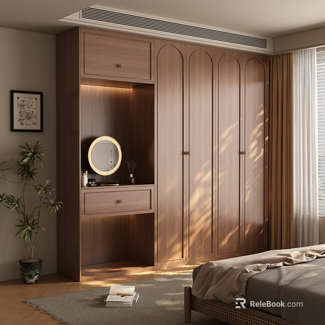 Elegant Modern Wooden Wardrobe With Vanity Table In Bedroom Interior Design 3d model 