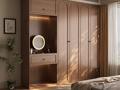 Elegant Modern Wooden Wardrobe With Vanity Table In Bedroom Interior Design 3d model