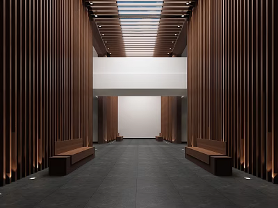 Modern Exhibition Hall Interior With Vertical Wooden Slats Benches And Central Walkway 3d model