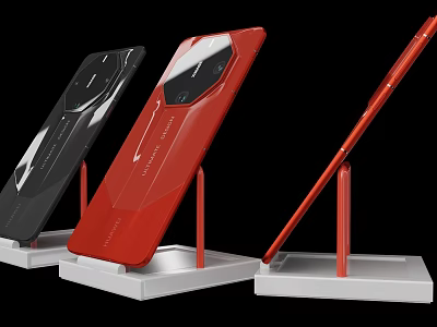 Contemporary Smartphones in Black and Red Displayed on Red Stands with White Bases 3d model