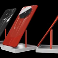 Contemporary Smartphones in Black and Red Displayed on Red Stands with White Bases