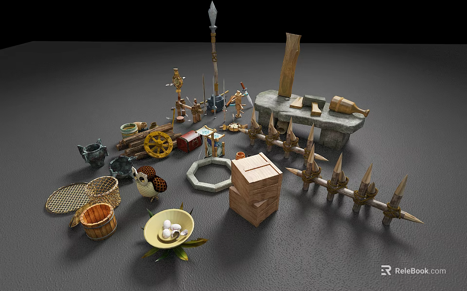 Ancient Weapon Collection Featuring Spears Swords Shields Spikes And Wooden Structures 3d model 